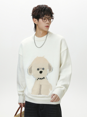 Ανδρικός πλεκτός πουλόβερ με στρογγυλή λαιμόκοψη, χαλαρή γραμμή, μακριά μανίκια, 100% πολυεστέρας, μοτίβο σκύλου καρτούν