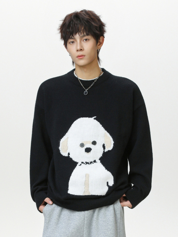 Ανδρικός πλεκτός πουλόβερ με στρογγυλή λαιμόκοψη, χαλαρή γραμμή, μακριά μανίκια, 100% πολυεστέρας, μοτίβο σκύλου καρτούν