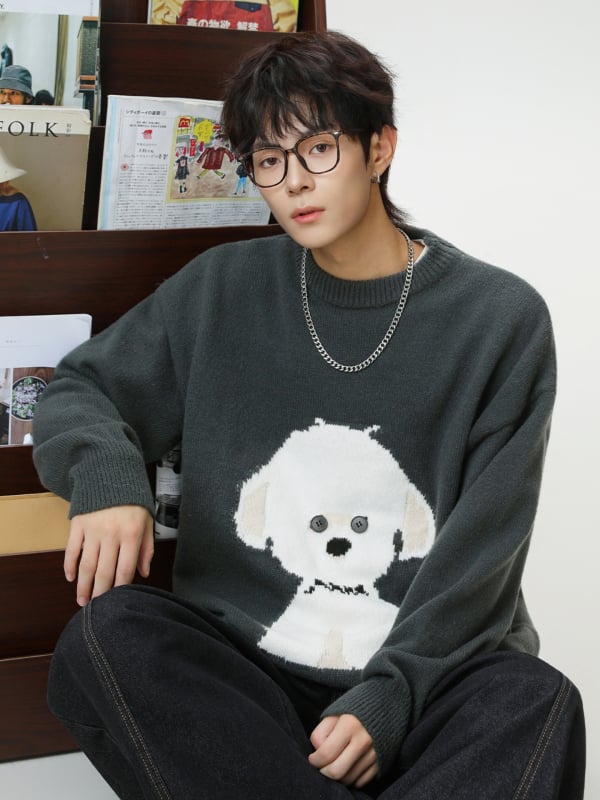 Ανδρικός πλεκτός πουλόβερ με στρογγυλή λαιμόκοψη, χαλαρή γραμμή, μακριά μανίκια, 100% πολυεστέρας, μοτίβο σκύλου καρτούν