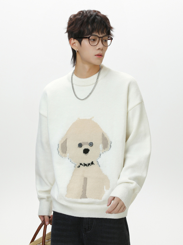 Ανδρικός πλεκτός πουλόβερ με στρογγυλή λαιμόκοψη, χαλαρή γραμμή, μακριά μανίκια, 100% πολυεστέρας, μοτίβο σκύλου καρτούν