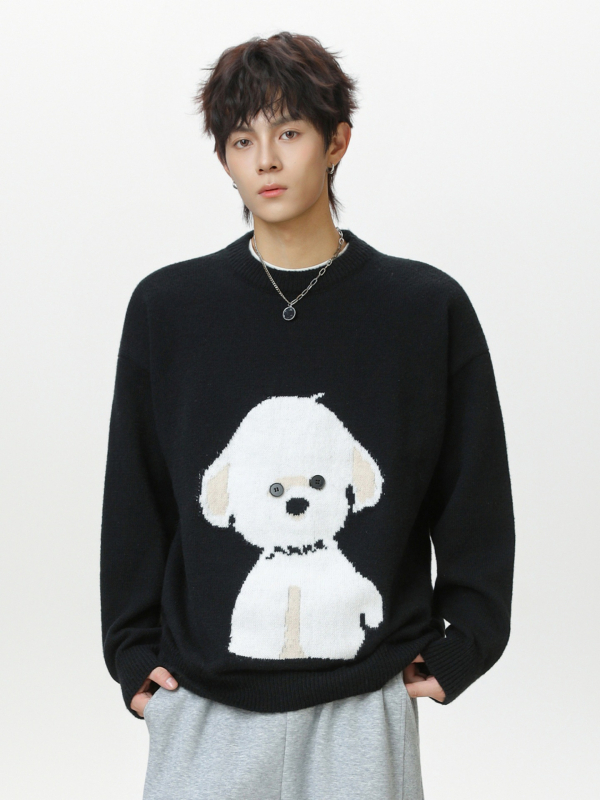 Ανδρικός πλεκτός πουλόβερ με στρογγυλή λαιμόκοψη, χαλαρή γραμμή, μακριά μανίκια, 100% πολυεστέρας, μοτίβο σκύλου καρτούν