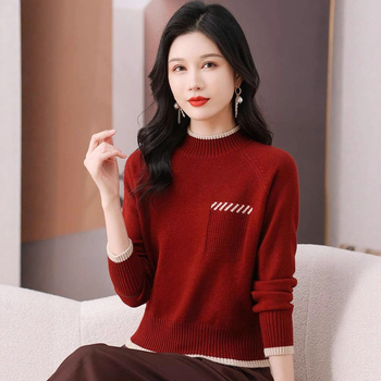 Pulover jacquard vintage cu guler semi-înalt, mâneci lungi, tricot gros din poliester, croială regulată