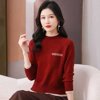 Pulover jacquard vintage cu guler semi-înalt, mâneci lungi, tricot gros din poliester, croială regulată