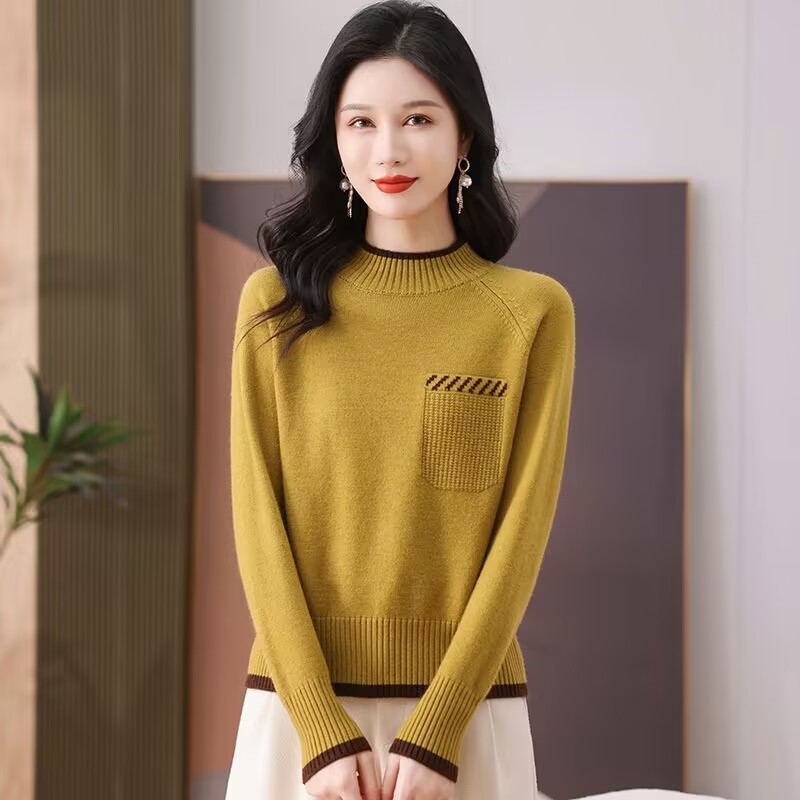 Pulover jacquard vintage cu guler semi-înalt, mâneci lungi, tricot gros din poliester, croială regulată