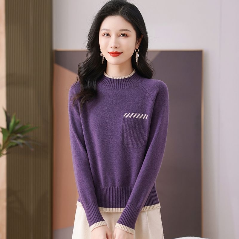 Pulover jacquard vintage cu guler semi-înalt, mâneci lungi, tricot gros din poliester, croială regulată