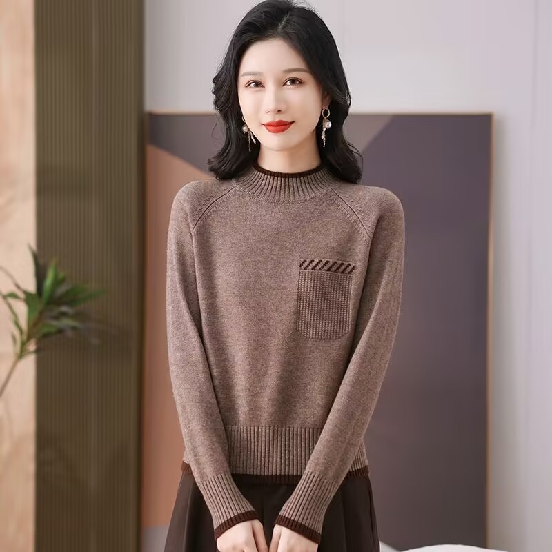 Pulover jacquard vintage cu guler semi-înalt, mâneci lungi, tricot gros din poliester, croială regulată