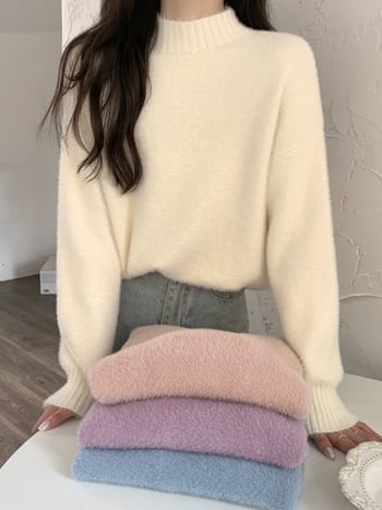 Pulover tricotat pentru femei din fibră de viscose, căptușit cu fleece, guler semi-înalt, mâneci lungi, lungime standard, stil elegant pentru navetă