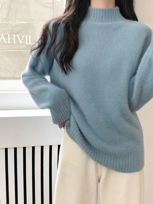 Pulover tricotat pentru femei din fibră de viscose, căptușit cu fleece, guler semi-înalt, mâneci lungi, lungime standard, stil elegant pentru navetă