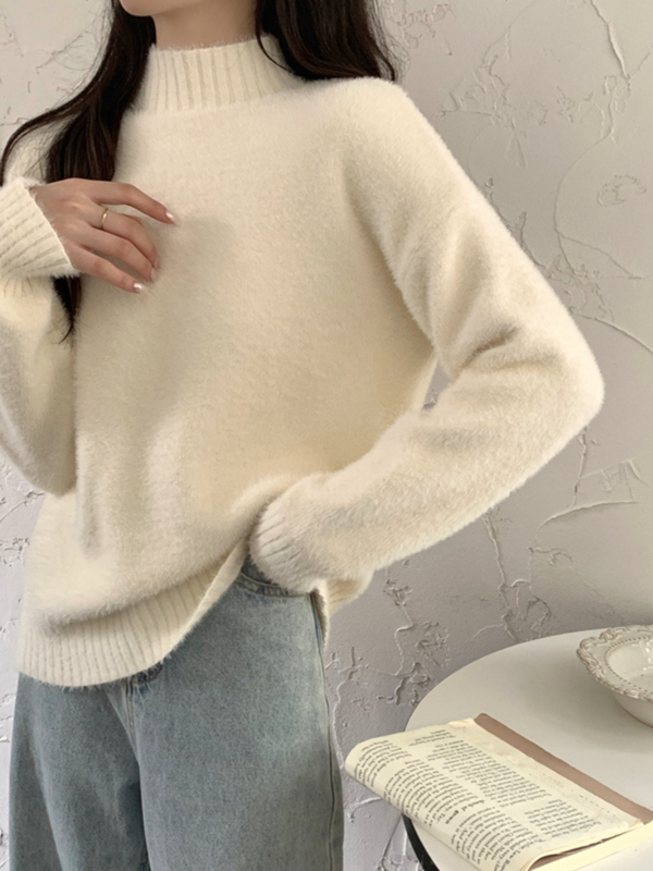 Pulover tricotat pentru femei din fibră de viscose, căptușit cu fleece, guler semi-înalt, mâneci lungi, lungime standard, stil elegant pentru navetă