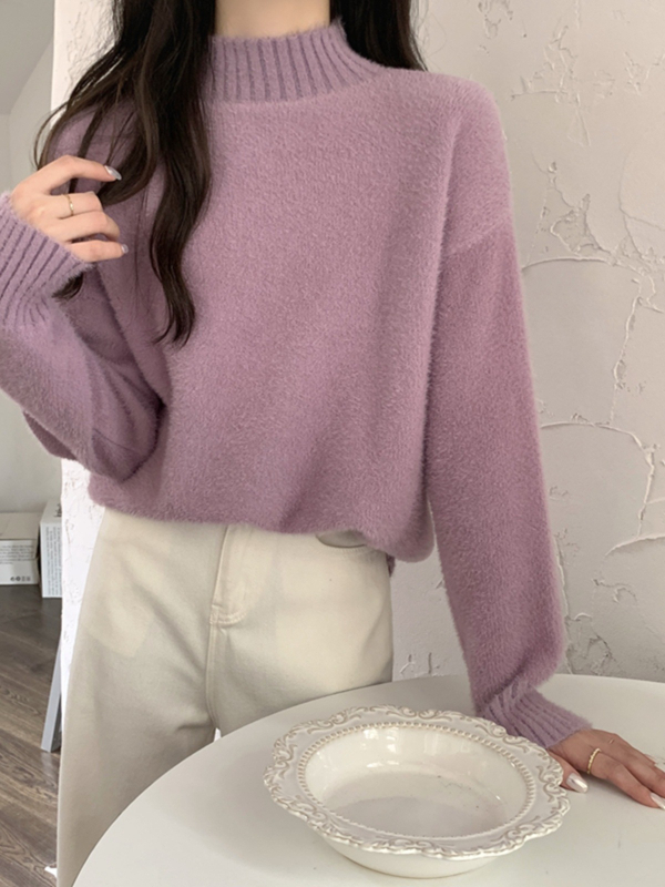 Pulover tricotat pentru femei din fibră de viscose, căptușit cu fleece, guler semi-înalt, mâneci lungi, lungime standard, stil elegant pentru navetă