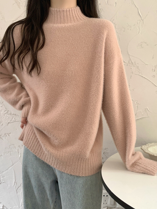 Pulover tricotat pentru femei din fibră de viscose, căptușit cu fleece, guler semi-înalt, mâneci lungi, lungime standard, stil elegant pentru navetă