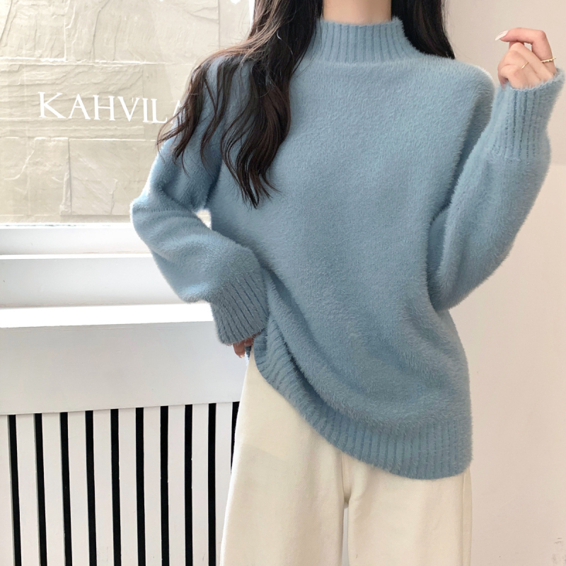 Pulover tricotat pentru femei din fibră de viscose, căptușit cu fleece, guler semi-înalt, mâneci lungi, lungime standard, stil elegant pentru navetă