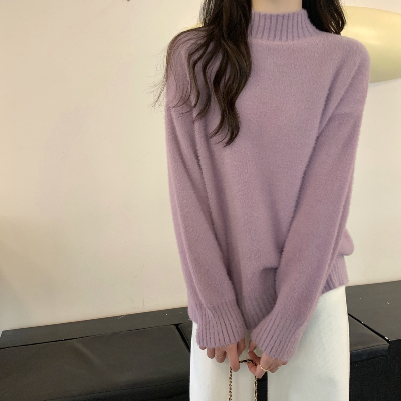 Pulover tricotat pentru femei din fibră de viscose, căptușit cu fleece, guler semi-înalt, mâneci lungi, lungime standard, stil elegant pentru navetă