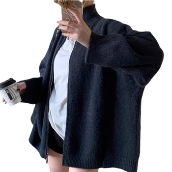 Cardigan tricotat cu guler stand, închidere frontală cu fermoar dublu, mâneci lungi, croială lejeră