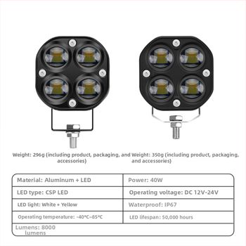 Motocyklový LED reflektor s dizajnom štyroch listov – hliníkové telo, 12V, vodotesný, životnosť 20000 h