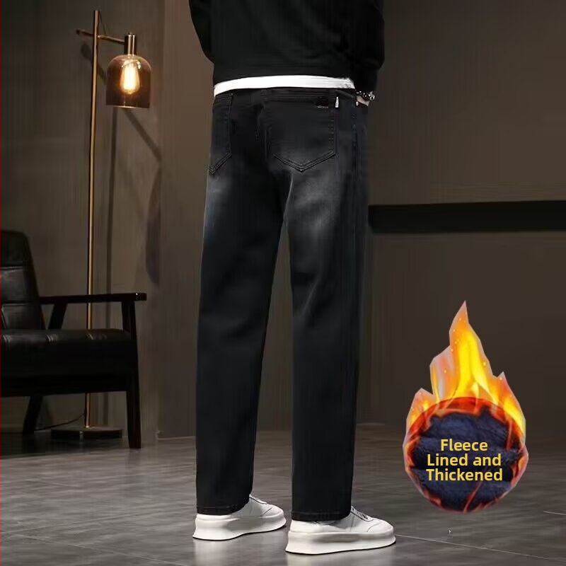 Meeste denimist teksad sirge lõikega, fliisvooder, keskmine talje, tõmblukk, pikkus