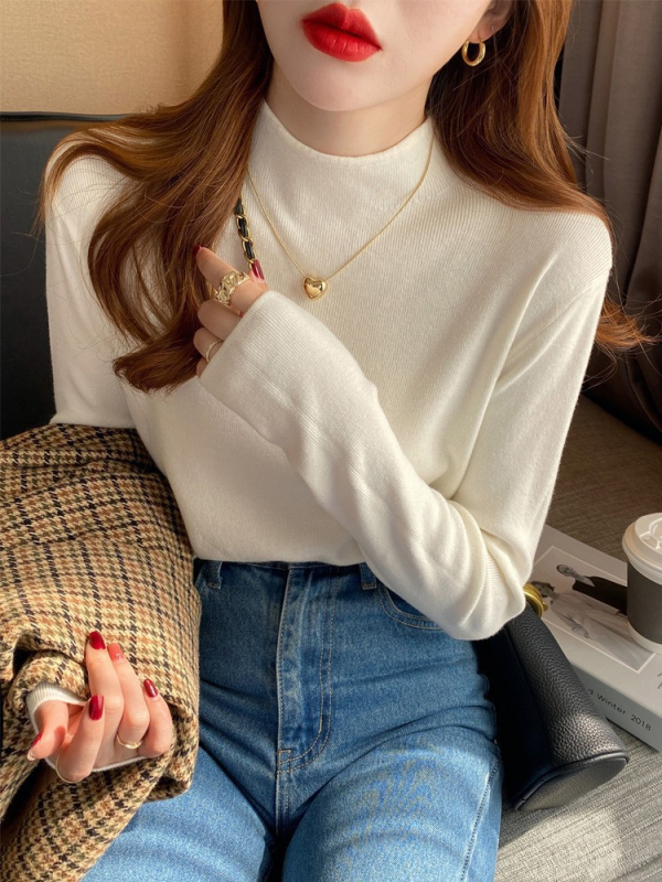 Bluza tricotată pentru femei, cu guler semi-înalt, mâneci lungi, lungime regulată, culoare monocromă, material poliester