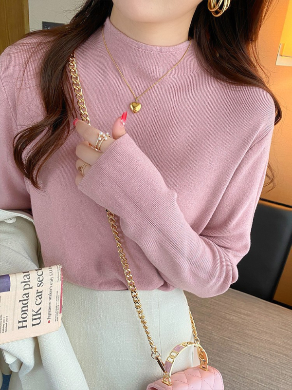 Bluza tricotată pentru femei, cu guler semi-înalt, mâneci lungi, lungime regulată, culoare monocromă, material poliester