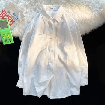 Cămașă din cânepă, mâneci lungi, croială lejeră, guler tip lapel, pentru primăvară și toamnă