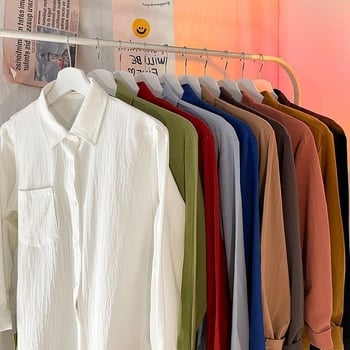 Cămașă din cânepă, mâneci lungi, croială lejeră, guler tip lapel, pentru primăvară și toamnă