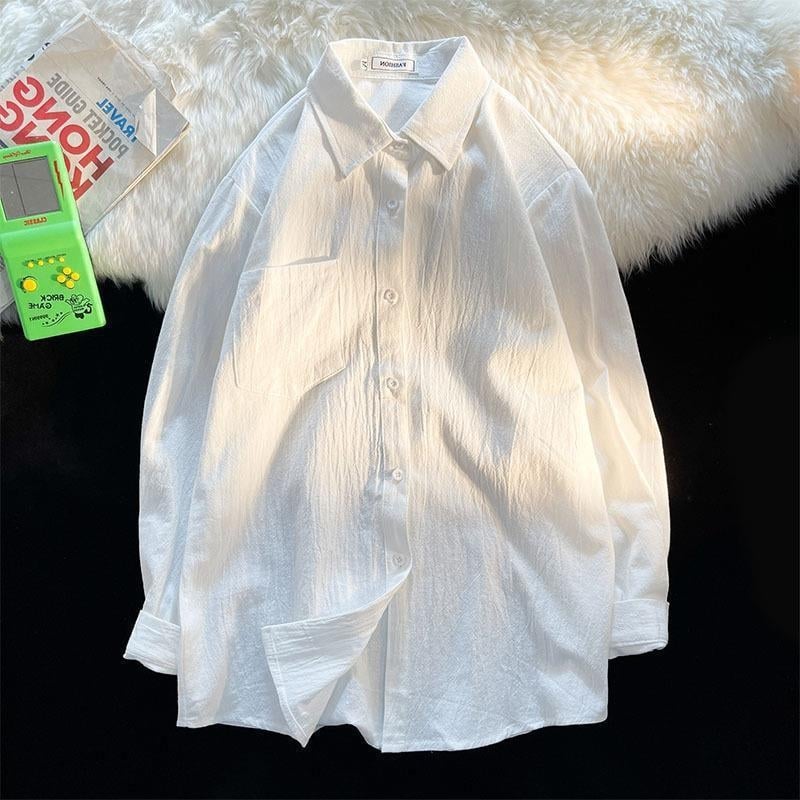 Cămașă din cânepă, mâneci lungi, croială lejeră, guler tip lapel, pentru primăvară și toamnă