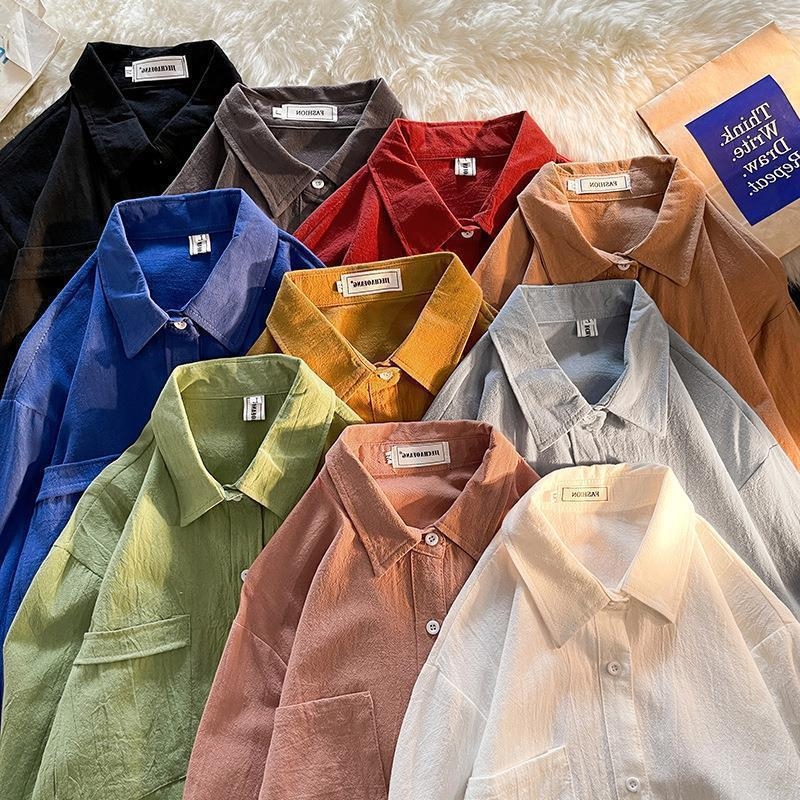 Cămașă din cânepă, mâneci lungi, croială lejeră, guler tip lapel, pentru primăvară și toamnă