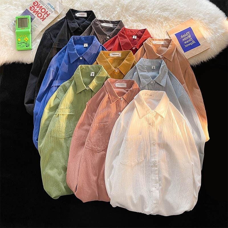 Cămașă din cânepă, mâneci lungi, croială lejeră, guler tip lapel, pentru primăvară și toamnă