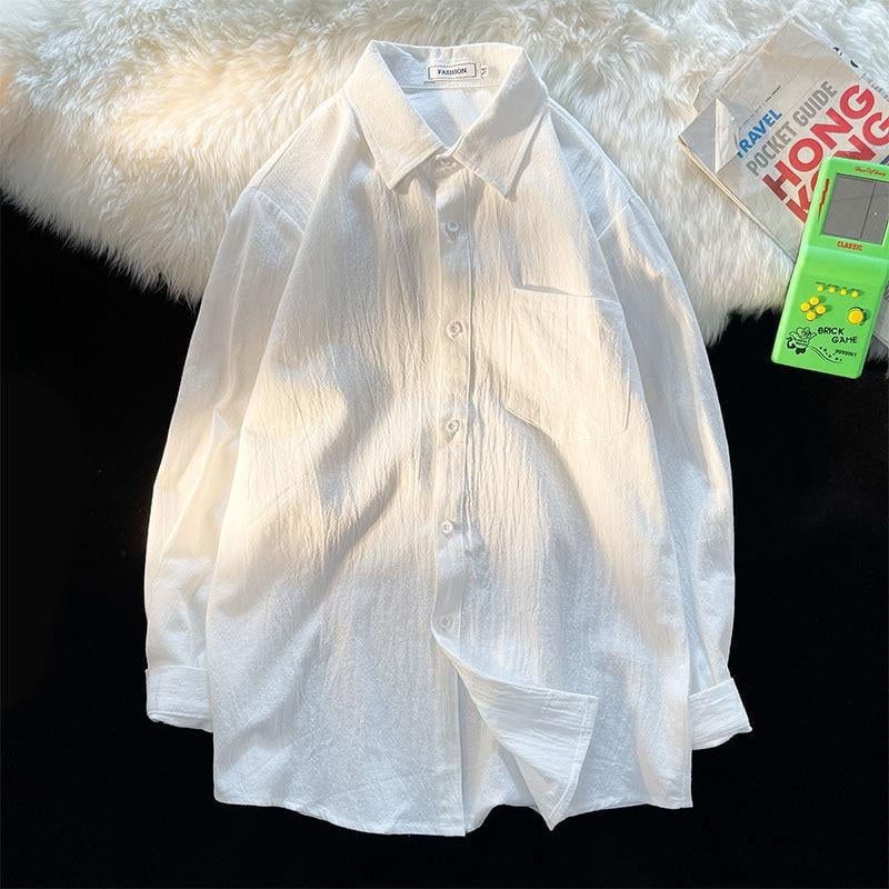 Cămașă din cânepă, mâneci lungi, croială lejeră, guler tip lapel, pentru primăvară și toamnă