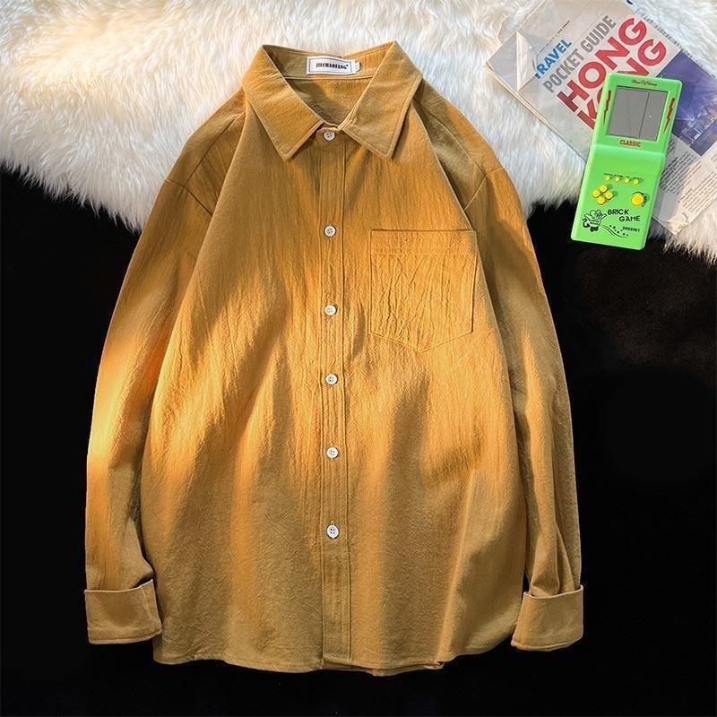 Cămașă din cânepă, mâneci lungi, croială lejeră, guler tip lapel, pentru primăvară și toamnă