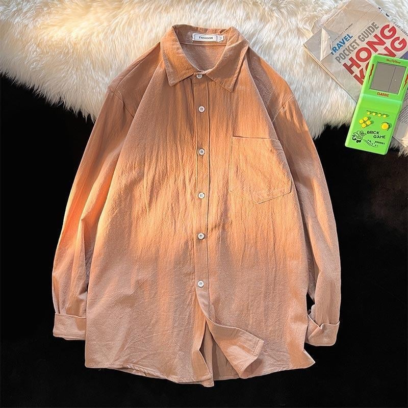 Cămașă din cânepă, mâneci lungi, croială lejeră, guler tip lapel, pentru primăvară și toamnă