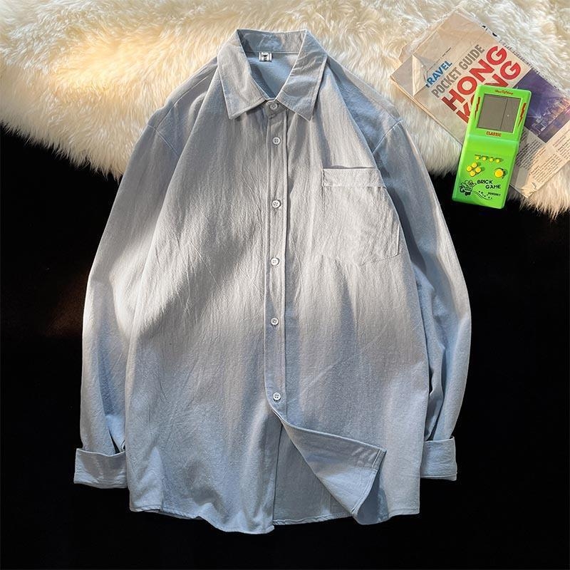 Cămașă din cânepă, mâneci lungi, croială lejeră, guler tip lapel, pentru primăvară și toamnă