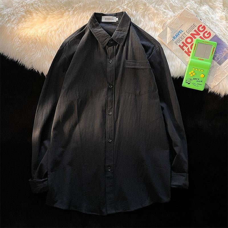 Cămașă din cânepă, mâneci lungi, croială lejeră, guler tip lapel, pentru primăvară și toamnă