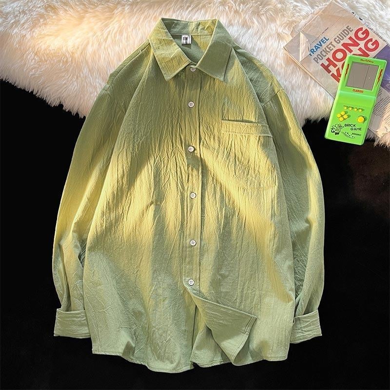 Cămașă din cânepă, mâneci lungi, croială lejeră, guler tip lapel, pentru primăvară și toamnă