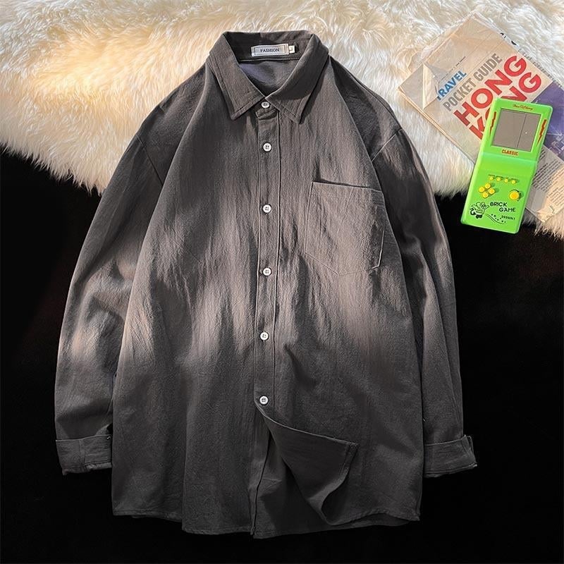 Cămașă din cânepă, mâneci lungi, croială lejeră, guler tip lapel, pentru primăvară și toamnă