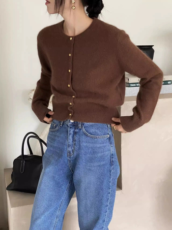 Ženski kratki pleteni kardigan s okruglim izrezom i zlatnim gumbima, 100% vuna, korejski stil, za proljeće i jesen