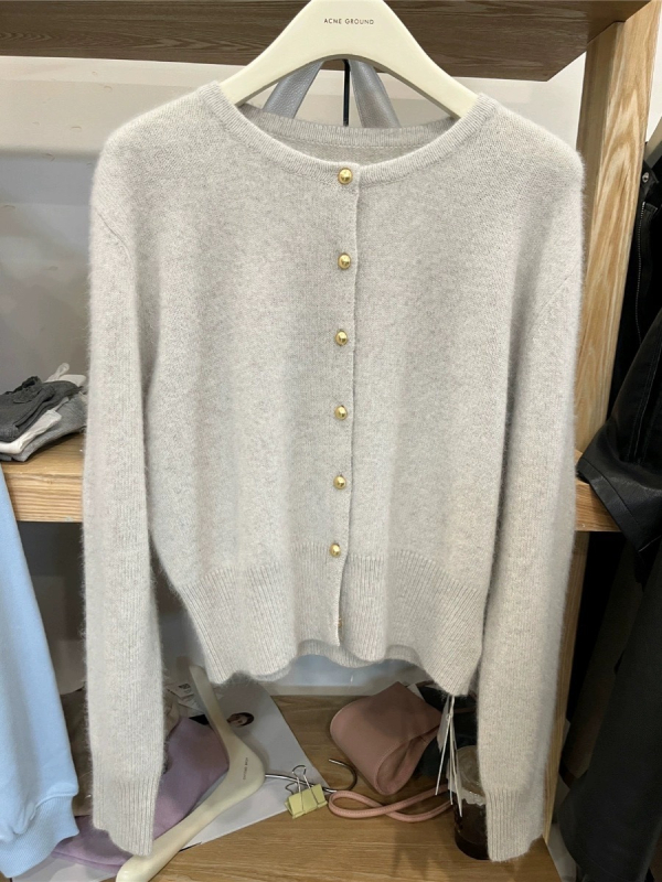 Ženski kratki pleteni kardigan s okruglim izrezom i zlatnim gumbima, 100% vuna, korejski stil, za proljeće i jesen