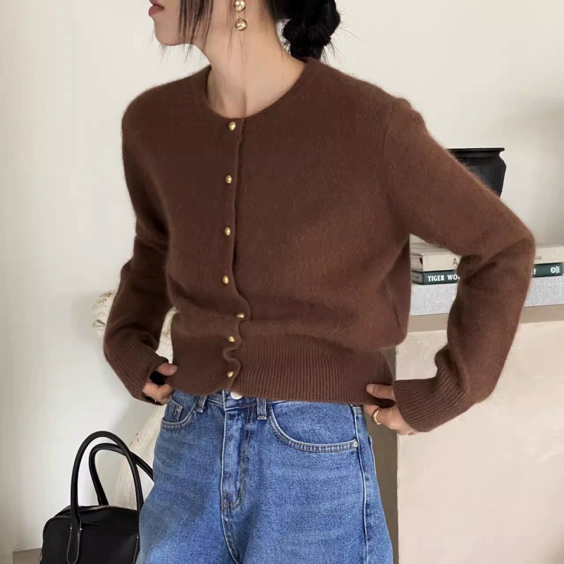 Ženski kratki pleteni kardigan s okruglim izrezom i zlatnim gumbima, 100% vuna, korejski stil, za proljeće i jesen