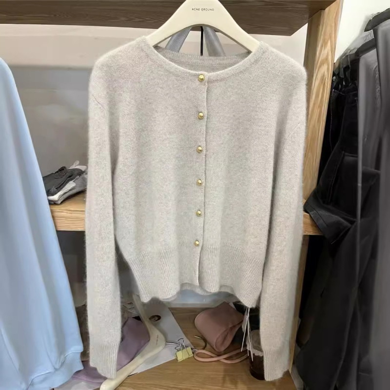 Ženski kratki pleteni kardigan s okruglim izrezom i zlatnim gumbima, 100% vuna, korejski stil, za proljeće i jesen