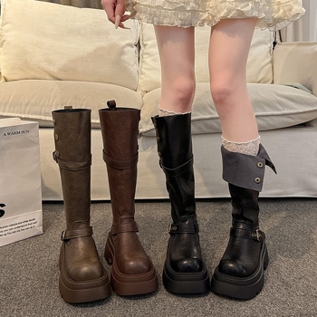 Cizme de damă pentru călărie cu creștere a înălțimii, tibie înaltă, toc gros 3–5 cm, vârf rotund, PU material, PU branț, slip-on