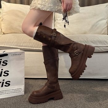Cizme de damă pentru călărie cu creștere a înălțimii, tibie înaltă, toc gros 3–5 cm, vârf rotund, PU material, PU branț, slip-on