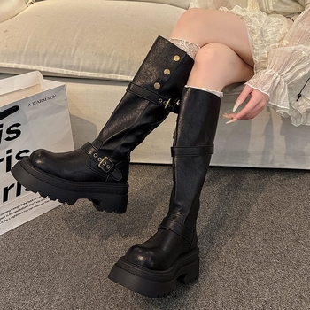 Cizme de damă pentru călărie cu creștere a înălțimii, tibie înaltă, toc gros 3–5 cm, vârf rotund, PU material, PU branț, slip-on