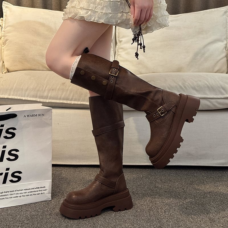 Cizme de damă pentru călărie cu creștere a înălțimii, tibie înaltă, toc gros 3–5 cm, vârf rotund, PU material, PU branț, slip-on