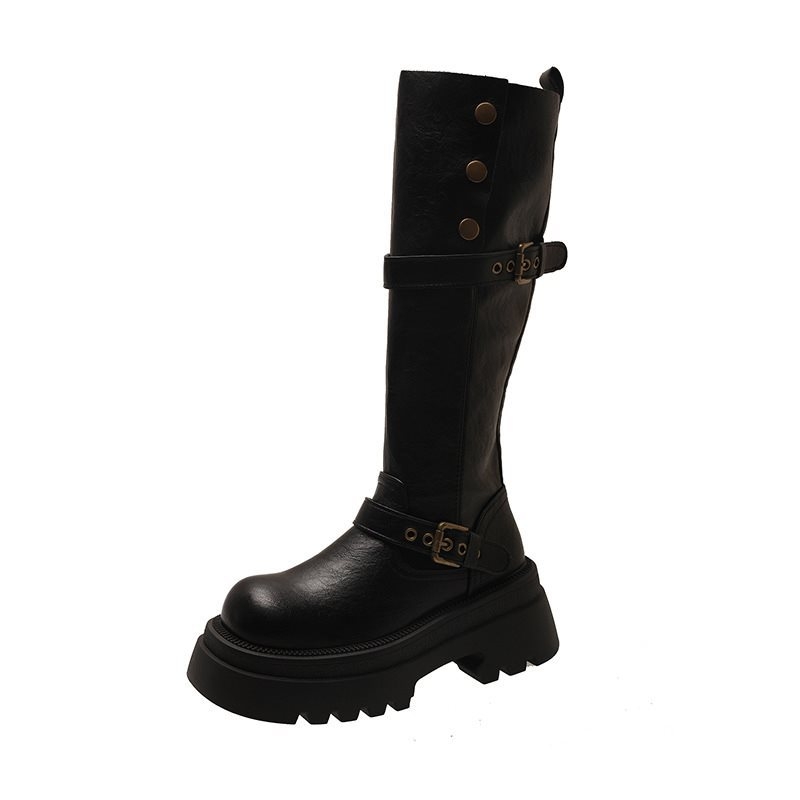 Cizme de damă pentru călărie cu creștere a înălțimii, tibie înaltă, toc gros 3–5 cm, vârf rotund, PU material, PU branț, slip-on