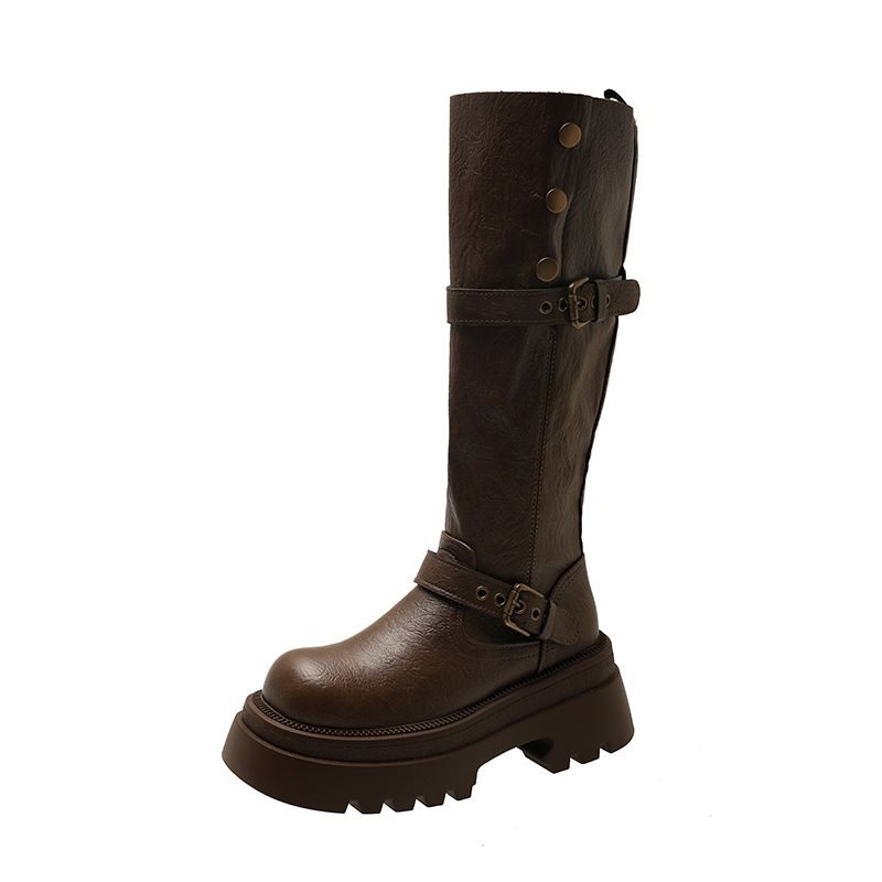 Cizme de damă pentru călărie cu creștere a înălțimii, tibie înaltă, toc gros 3–5 cm, vârf rotund, PU material, PU branț, slip-on