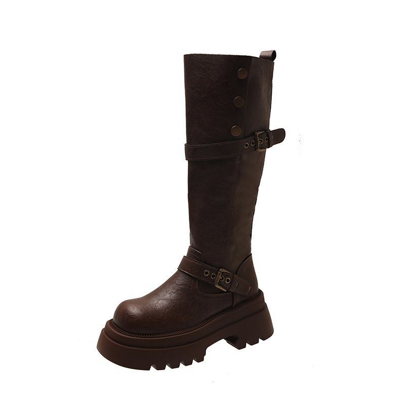 Cizme de damă pentru călărie cu creștere a înălțimii, tibie înaltă, toc gros 3–5 cm, vârf rotund, PU material, PU branț, slip-on