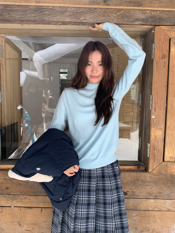 Pulover croială lejeră, mâneci lungi, guler semi-înalt, tricot acril-poliester, stil korean casual