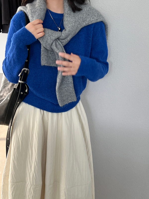 Ženski pleteni džemper od vune i akrila, jednostavan uzorak, opuštenog kroja, dugi rukavi, okrugli izrez