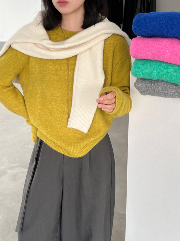 Ženski pleteni džemper od vune i akrila, jednostavan uzorak, opuštenog kroja, dugi rukavi, okrugli izrez