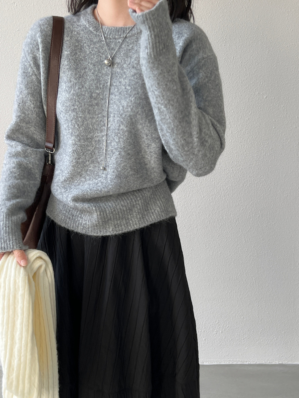 Ženski pleteni džemper od vune i akrila, jednostavan uzorak, opuštenog kroja, dugi rukavi, okrugli izrez