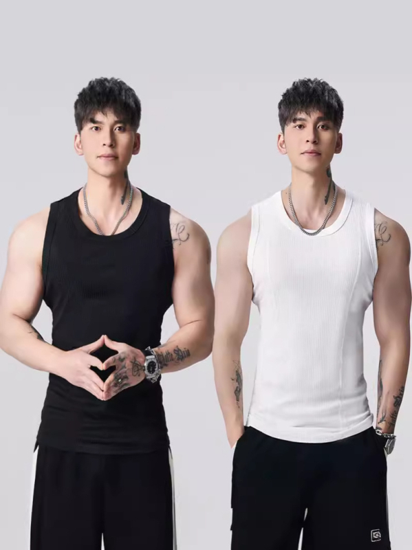 Meeste varrukateta sportvest, kits lõige, ühtlane värv, viskoosi kiud 92% (rayon), paks materjal, ribised servad, sirge äär, suve 2024 väljaanne